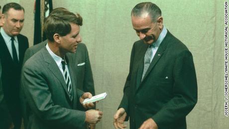 President Lyndon B. Johnson talks with Sen. Robert F. Kennedy on March 3, 1966. 