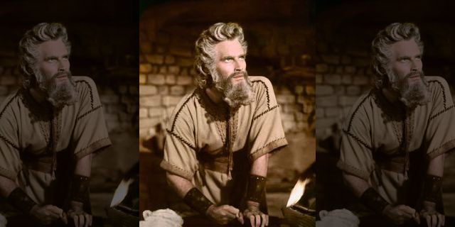 American actor Charlton Heston on the set of 'The Ten Commandments.'