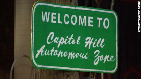 A sign welcomes visitors to the so-called &quot;Capitol Hill Autonomous Zone&quot; on Wednesday.