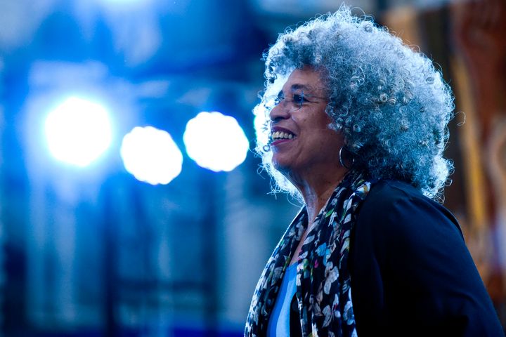 Angela Davis, at a rally in front of the University of the Republic, in Montevideo, Uruguay, in 2019. Davis is a high-profile