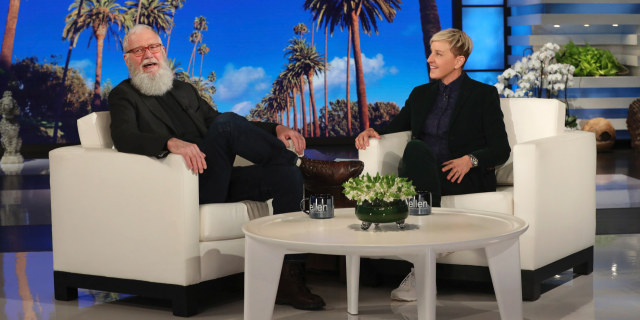 David Letterman appears with host Ellen DeGeneres during a taping of "The Ellen DeGeneres Show" in Los Angeles. 