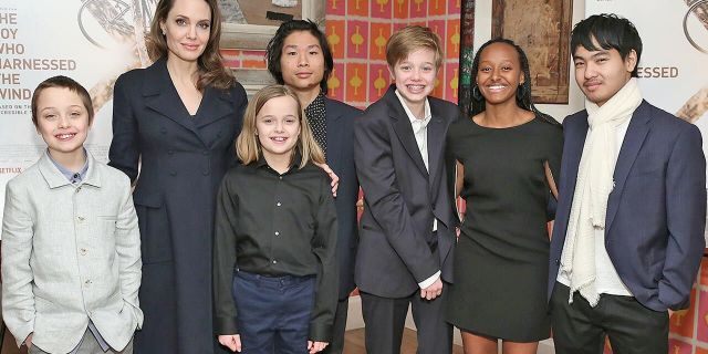 Angelina Jolie with children (L-R) Knox Leon Jolie-Pitt, Vivienne Marcheline Jolie-Pitt, Pax Thien Jolie-Pitt, Shiloh Nouvel Jolie-Pitt, Zahara Marley Jolie-Pitt and Maddox Chivan Jolie-Pitt attend "The Boy Who Harnessed The Wind" Special Screening at Crosby Street Hotel on Feb. 25, 2019 in New York City.