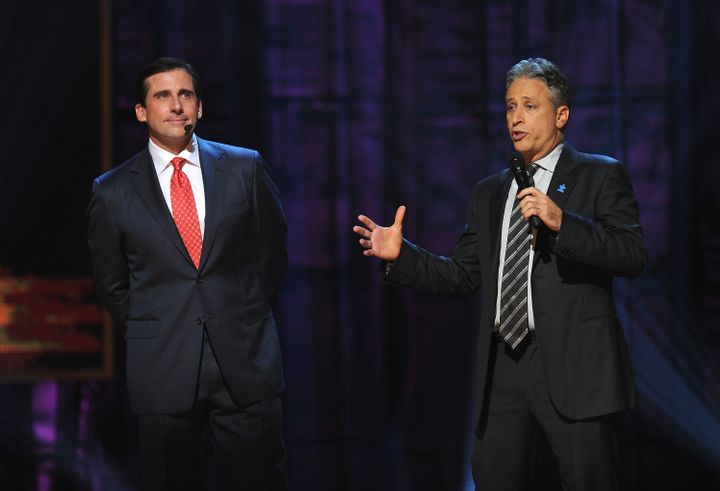 Steve Carell and Jon Stewart speak onstage at Comedy Central's Night Of Too Many Stars: An Overbooked Concert For Autism Educ