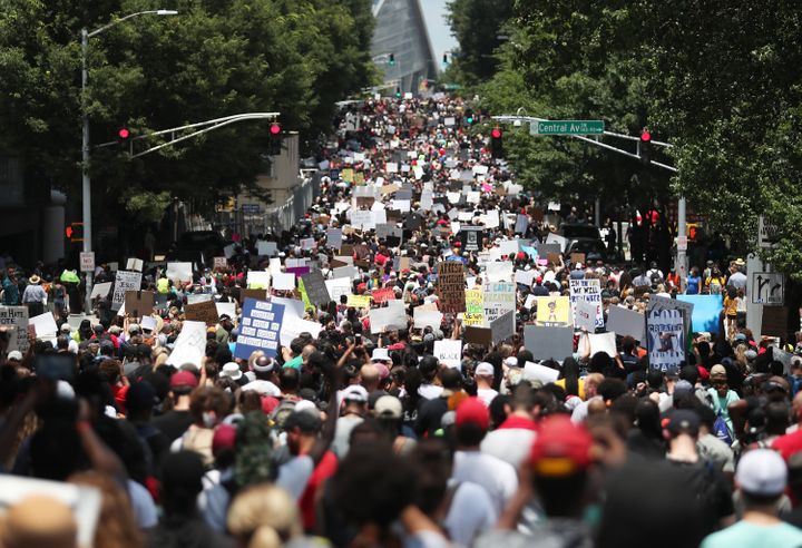 Protesters march in Atlanta on Friday, marking the Juneteenth holiday.