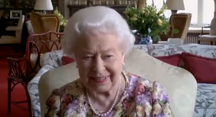 A screenshot of Queen Elizabeth II on a Zoom video call.
