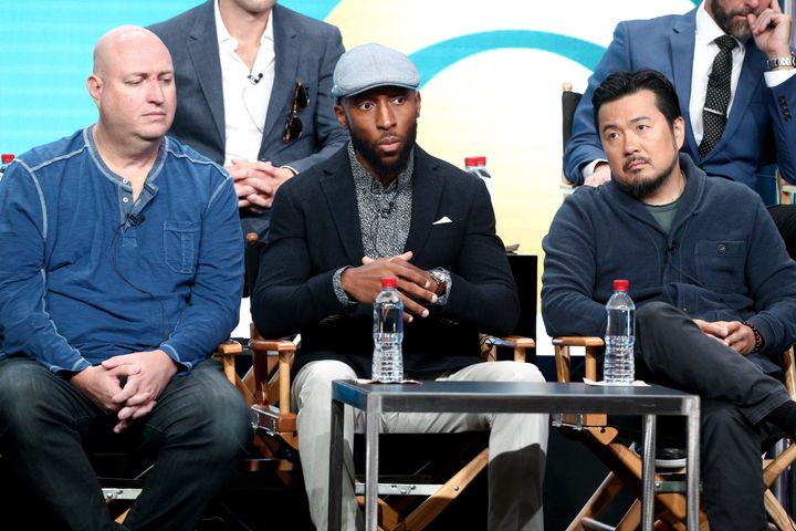Executive producers Shawn Ryan (left), Aaron Rahsaan Thomas (middle) and Justin Lin (right) of 'S.W.A.T.' speak onstage durin