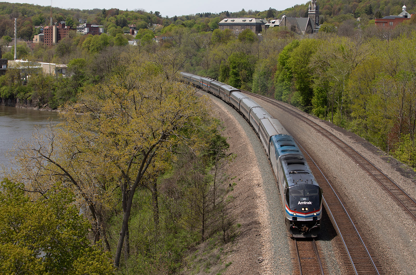 An Amtrak train heads through Little Falls, New York, on May 19.