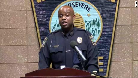 Wilmington Police Chief Donny Williams is seen in this image from a news conference announcing the firing of three police officers after they were caught on video making hateful remarks about Black people. 