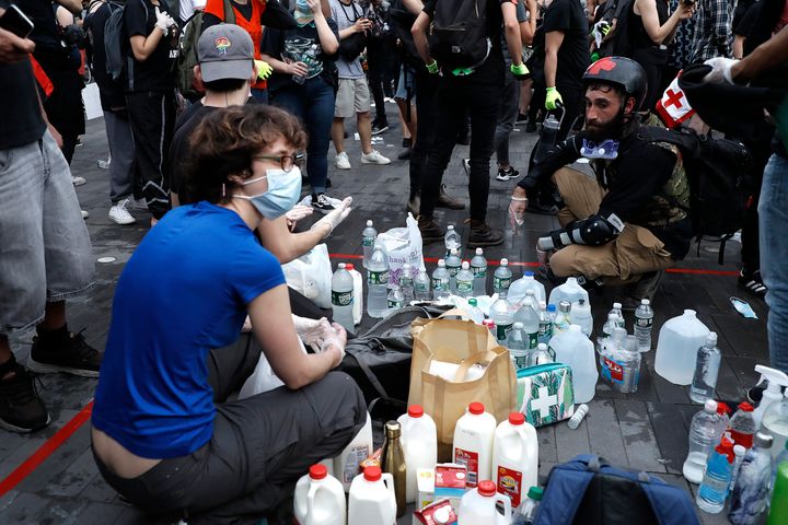 A makeshift aid station is stocked with agents to counter gas and pepper spray at the Barclays Center in Brooklyn, New York, 