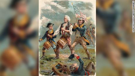 An image based on an iconic painting, &quot;Spirit of &#39;76,&quot; that depicts American patriots of the colonial era.