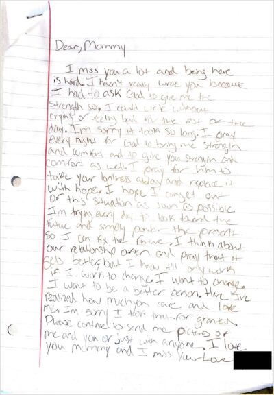 Handwritten letter from Grace to her mother while detained.