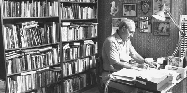 Writer Leo Damore working in his study at home.