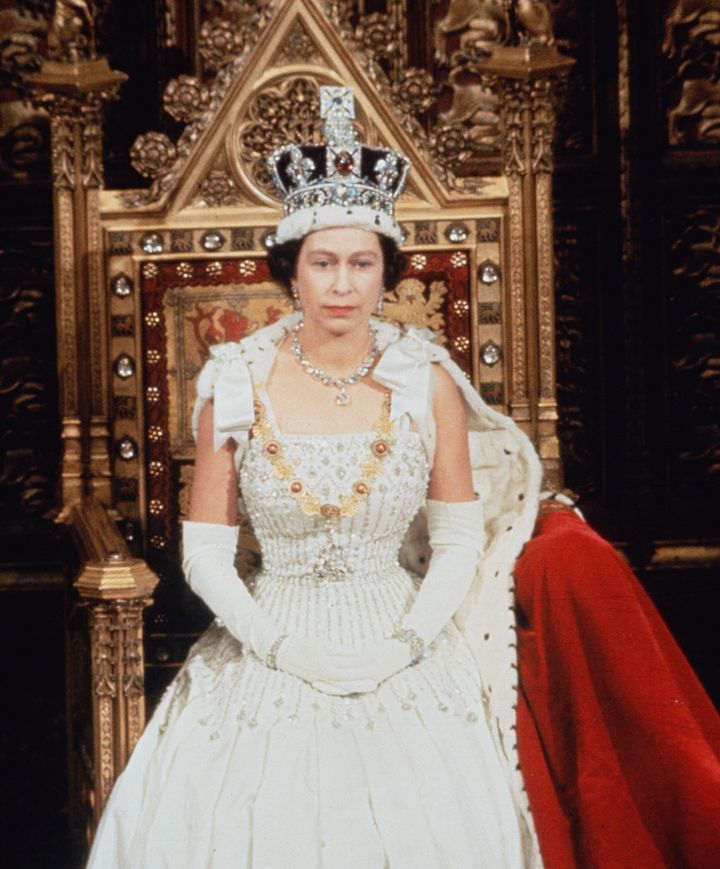 Queen Elizabeth wearing the dress again at the state opening of Parliament in April 1966.