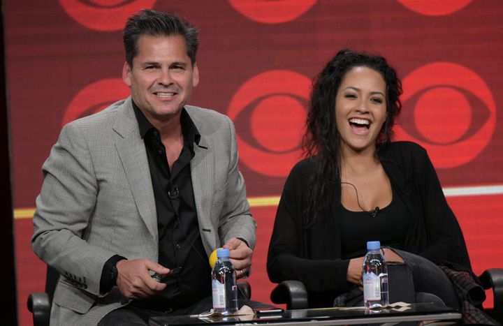 Peter Lenkov and "MacGyver" star Tristin Mays at the 2016 CBS Television Critics Association summer press tour.