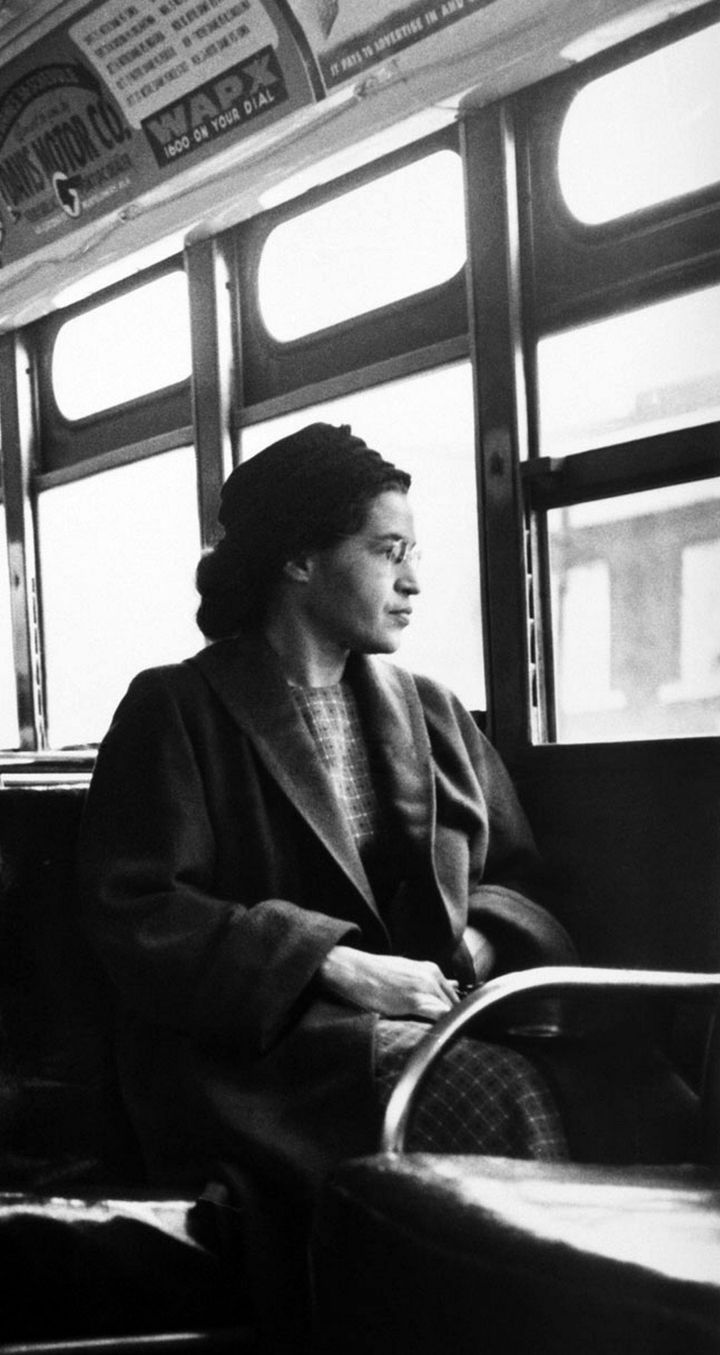 Rosa Parks sits on a public bus in Montgomery, Alabama.