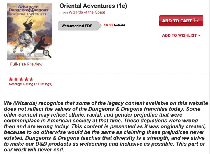 The disclaimer is now visible on Dungeon Masters Guild and Drive Thru RPG, two online marketplaces where old D&D content is a