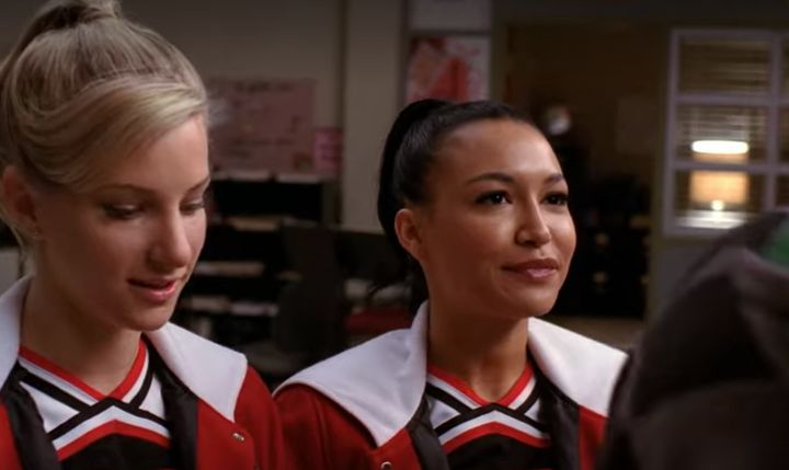 A still from Season 1 of "Glee" featuring Heather Morris as Brittany Pierce (left) and Naya Rivera as Santana Lopez (right).