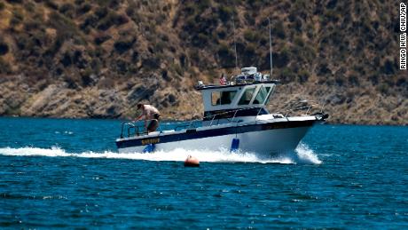 A boat of the Ventura County Sheriff&#39;s Office is seen, Monday, July 13, 2020 in Lake Piru, Calif. Naya Rivera&#39;s body was found in the lake six days after she went missing.
