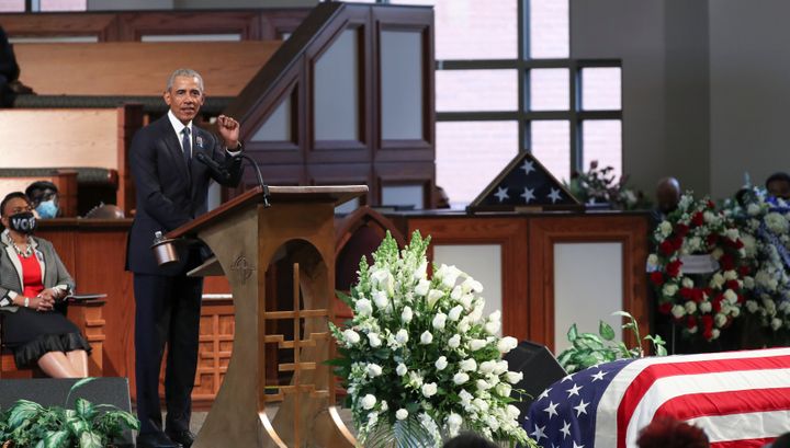 Former President Barack Obama speaks at the funeral of Rep. John Lewis, a legendary civil rights leader. Obama said Democrats