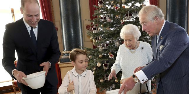 Queen Elizabeth, Prince Charles, Prince William and Prince George preparing special Christmas puddings.