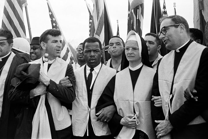 At the head of the march from Selma to Montgomery on March 25, 1965, nuns, priests and civil rights leaders: The Rev. Arthur 