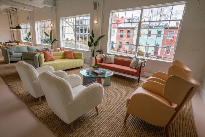 The Wing in Washington, D.C., welcomed members to a soothing setting decorated with pastel couches and potted plants.