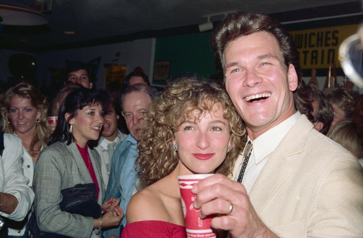 Jennifer Grey (right) and Patrick Swayze at the premiere of "Dirty Dancing" in 1987.&nbsp;