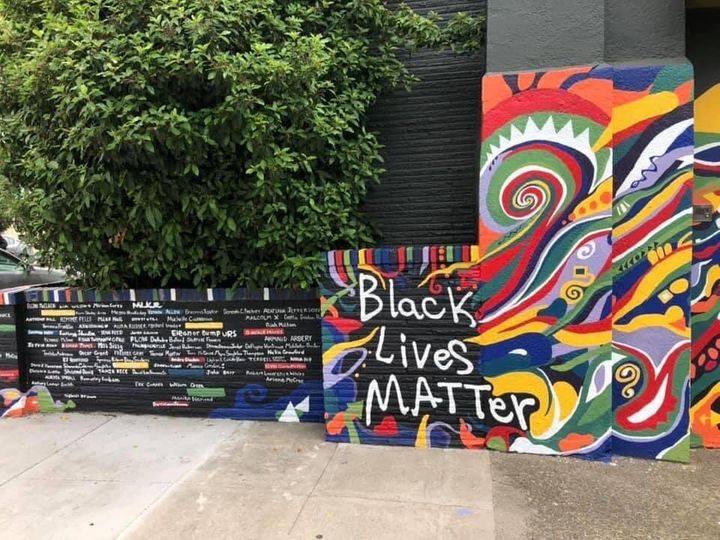 The mural includes the names of Martin Luther King Jr.,&nbsp;<a href="https://www.huffpost.com/entry/story-emmett-till-murder-under-threat_n_5ddda083e4b0913e6f756a46" target="_blank" rel="noopener noreferrer">Emmett Till</a> and&nbsp;<a href="https://www.huffpost.com/topic/breonna-taylor" target="_blank" rel="noopener noreferrer">Breonna Taylor.</a>&nbsp;Colored bricks are reserved for the names of people from Portland.