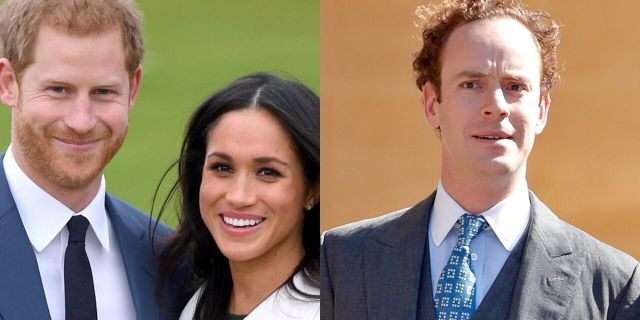 Prince Harry (left) was reportedly warned by longtime friend Tom Inskip (right) to slow down his relationship with Meghan Markle (center).