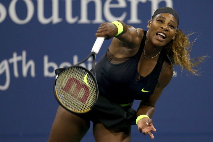 Williams serves to Maria Sakkari of Greece during the Western &amp; Southern Open on Aug. 25 in the Queens borough of New Yor