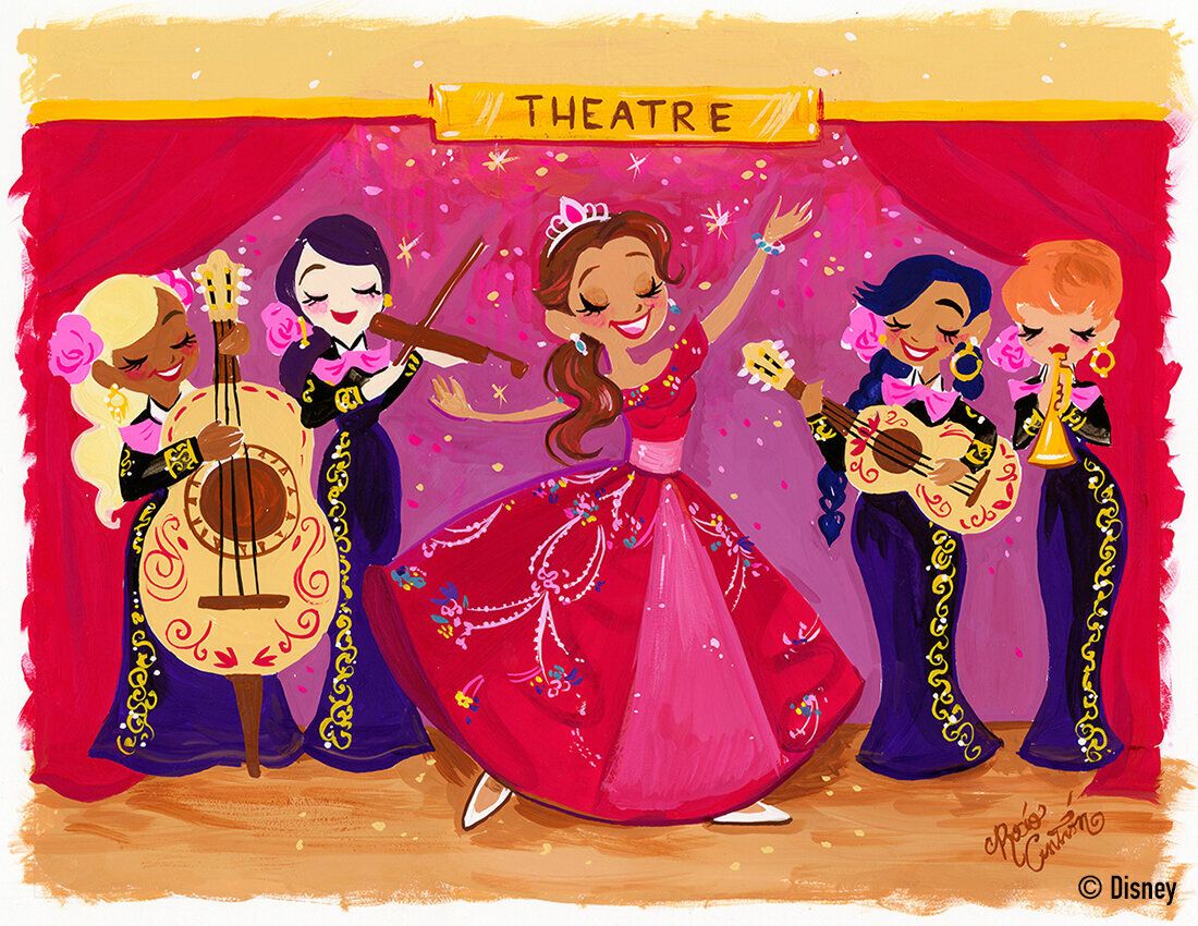 This painting depicts a real-life performance by voice actress Aimee Carrero, who dresses up as Disney princess Elena of Avalor. Carrero is the voice for the Latina princess character.