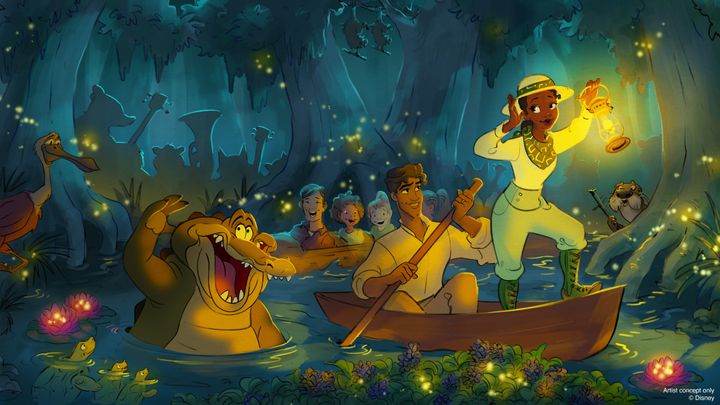 Concept art for the Splash Mountain revamp shows the characters Louis (left),&nbsp;Naveen and Princess Tiana.