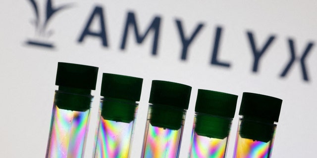Test tubes are seen in front of Amylyx logo in this illustration, July 24, 2022. 